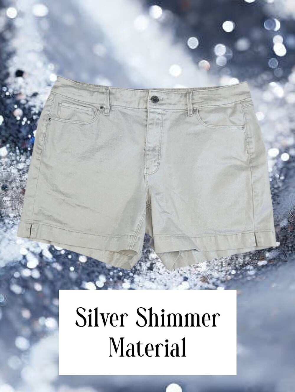 Silver Shimmer Shorts Bling Metallic Casual Jean Stretch Mid Rise The Short, 12